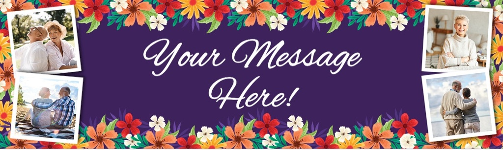 Personalised Floral Party Banner - Purple & Flowers - Custom Text & 4 Photo Upload