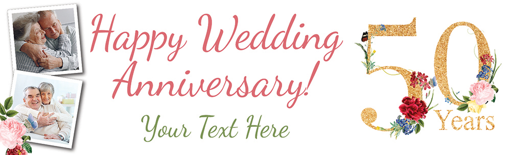 Personalised Wedding Anniversary Banner - Floral Design - 2 Photo Upload & Custom Text