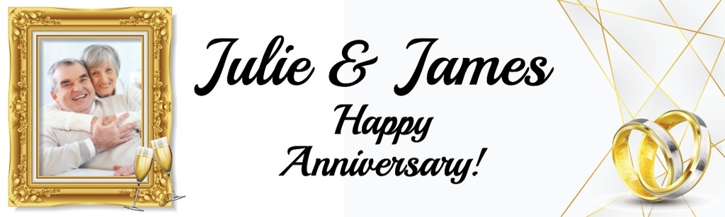 Personalised Wedding Anniversary Banner - Gold Rings - Custom Names & 1 Photo Upload