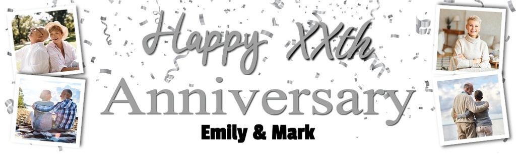 Personalised Wedding Anniversary Banner - Silver Party Design - Custom Text & 4 Photo Upload