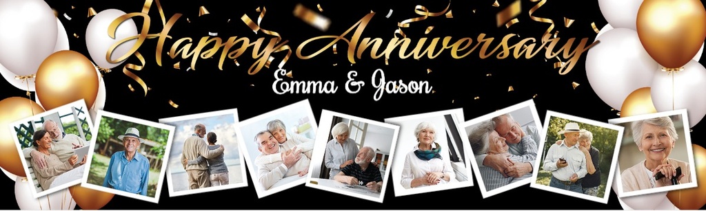 Personalised Wedding Anniversary Banner - White & Gold Balloons - 9 Photo Upload