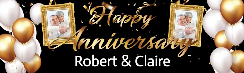 Personalised Wedding Anniversary Banner - White & Gold Balloons - Custom Text & 2 Photo Upload