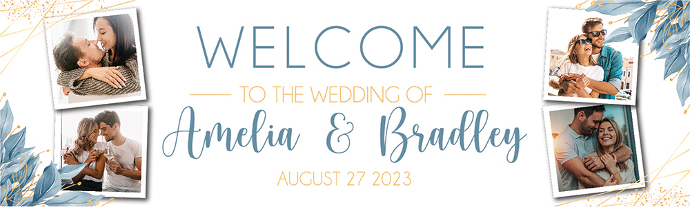 Personalised Wedding Banner - Blue Gold Welcome - Custom Name, Date & 4 Photo Upload