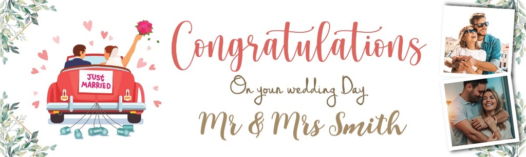 Personalised Wedding Banner - Congratulations - Custom Name & 2 Photo Upload