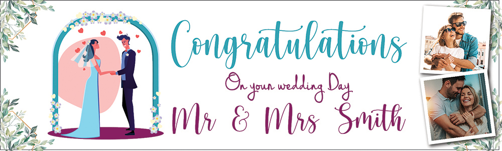 Personalised Wedding Banner - Congratulations Blue - Custom Name & 2 Photo Upload