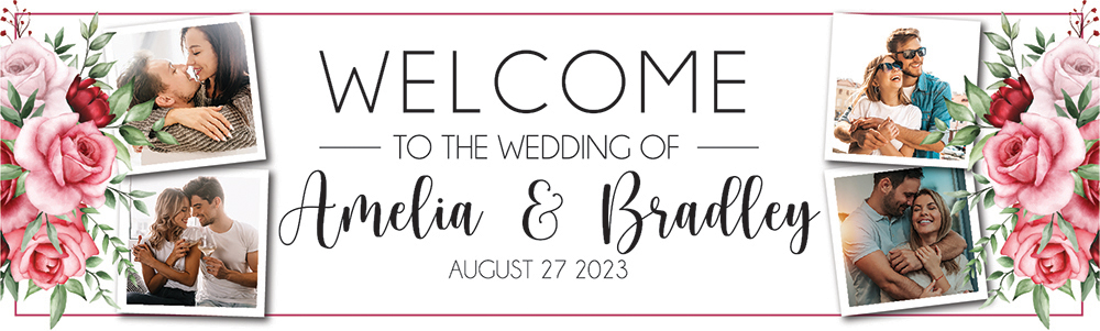 Personalised Wedding Banner - Flower Welcome - Custom Name Date & 2 Photo Upload