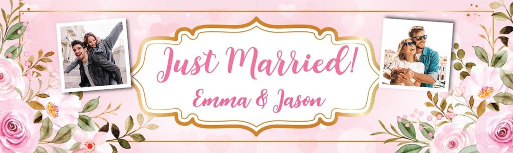 Personalised Wedding Banner - Pink Just Married - Custom Name & 2 Photo Upload