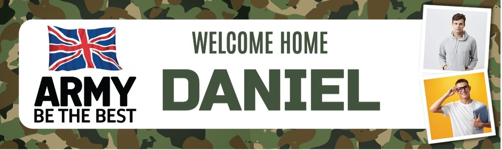 Personalised Welcome Home Banner - Army Camo Design - Custom Name & 2 Photo Upload