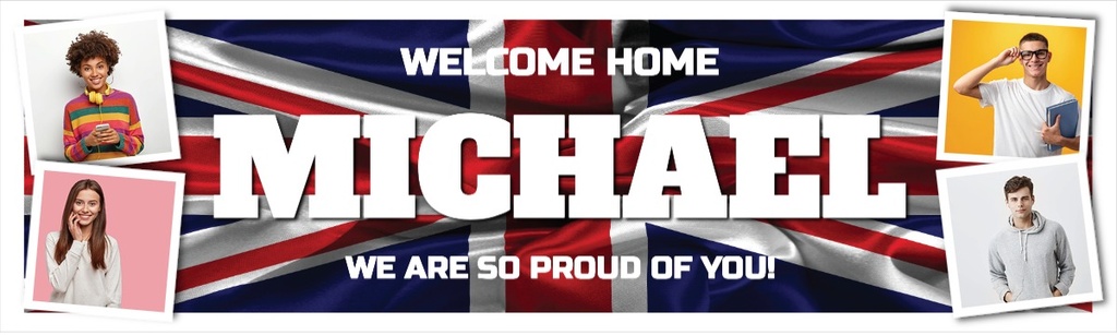 Personalised Welcome Home Banner - British Flag - Custom Name & 4 Photo Upload