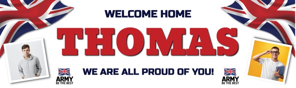 Personalised Welcome Home Banner - British Flag Army - Custom Name & 2 Photo Upload