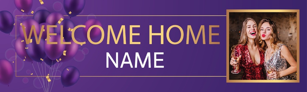 Personalised Welcome Home Banner - Purple & Gold Design - Custom Name & 1 Photo Upload