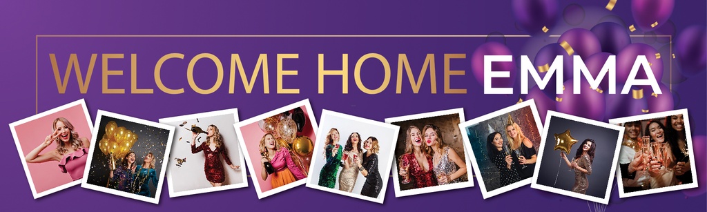 Personalised Welcome Home Banner - Purple & Gold Design - Custom Name & 9 Photo Upload