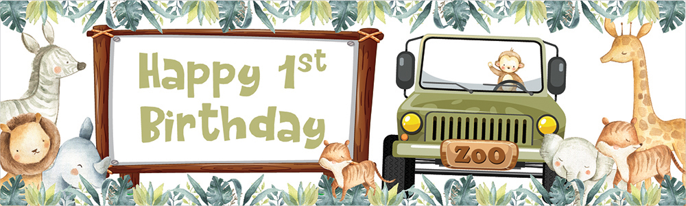 Happy 1st Birthday Banner - Jeep Safari Animals