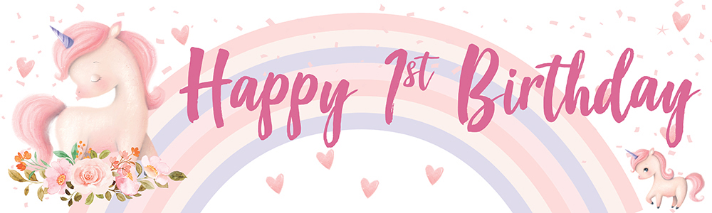 Happy 1st Birthday Banner - Unicorn & Hearts