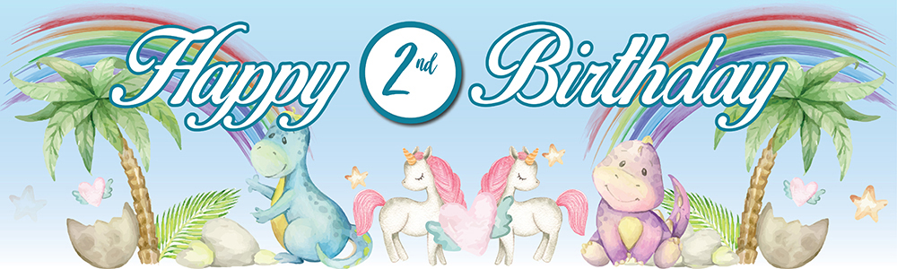 Happy 2nd Birthday Banner - Cute Baby Dinosaurs & Unicorns