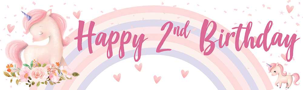 Happy 2nd Birthday Banner - Unicorn & Hearts