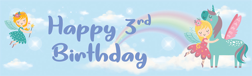 Happy 3rd Birthday Banner - Blue Unicorn & Fairy
