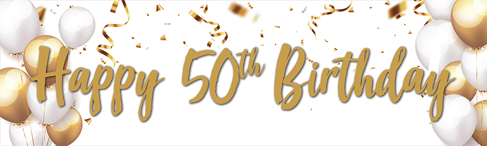 Happy 50th Birthday Banner - Gold & White Balloons
