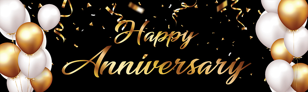 Happy Anniversary Banner - White & Gold Balloon Design